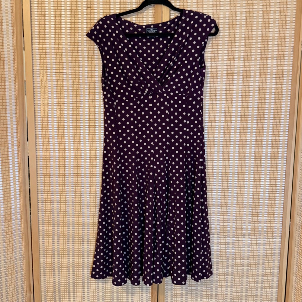 American Living Purple Polka Dot Cap Sleeve V-Neck Jersey Dress Size 10 Y2K